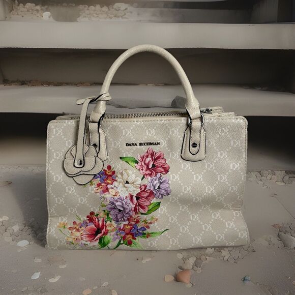 Source Unknown Handbags - Dana Buchman Ivory Floral Satchel Handbag Purse Faux Leather Medium Spring Style